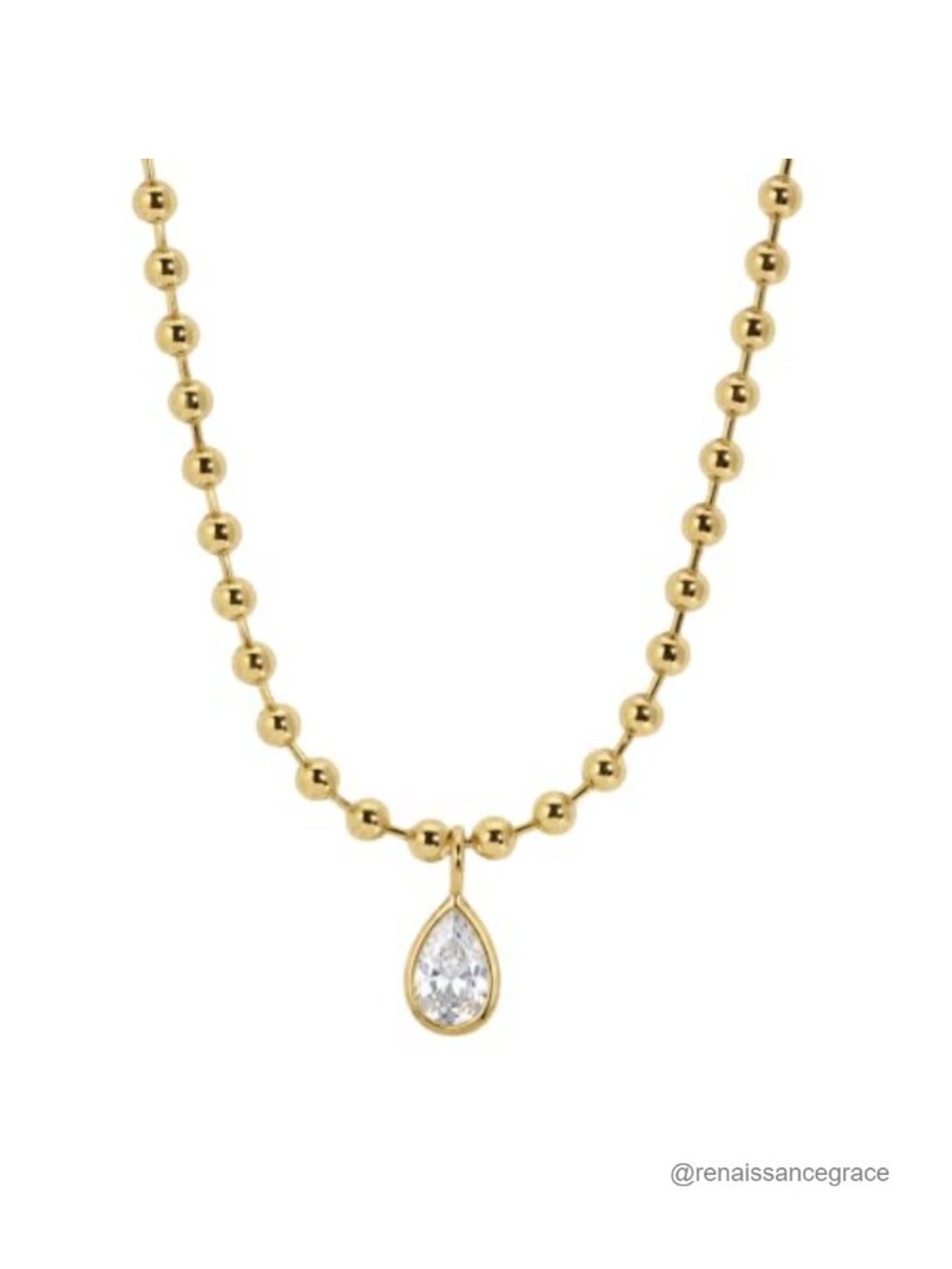 18k Gold Teardrop Necklace, Pear CZ Pendant, Beaded Chain, Dainty Layering